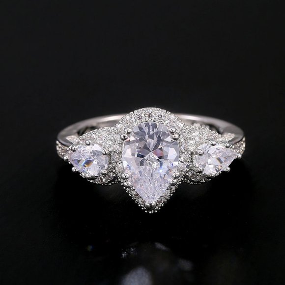 NEW 925 Silver Teardrop Diamond Halo Wedding Ring - Picture 2 of 6